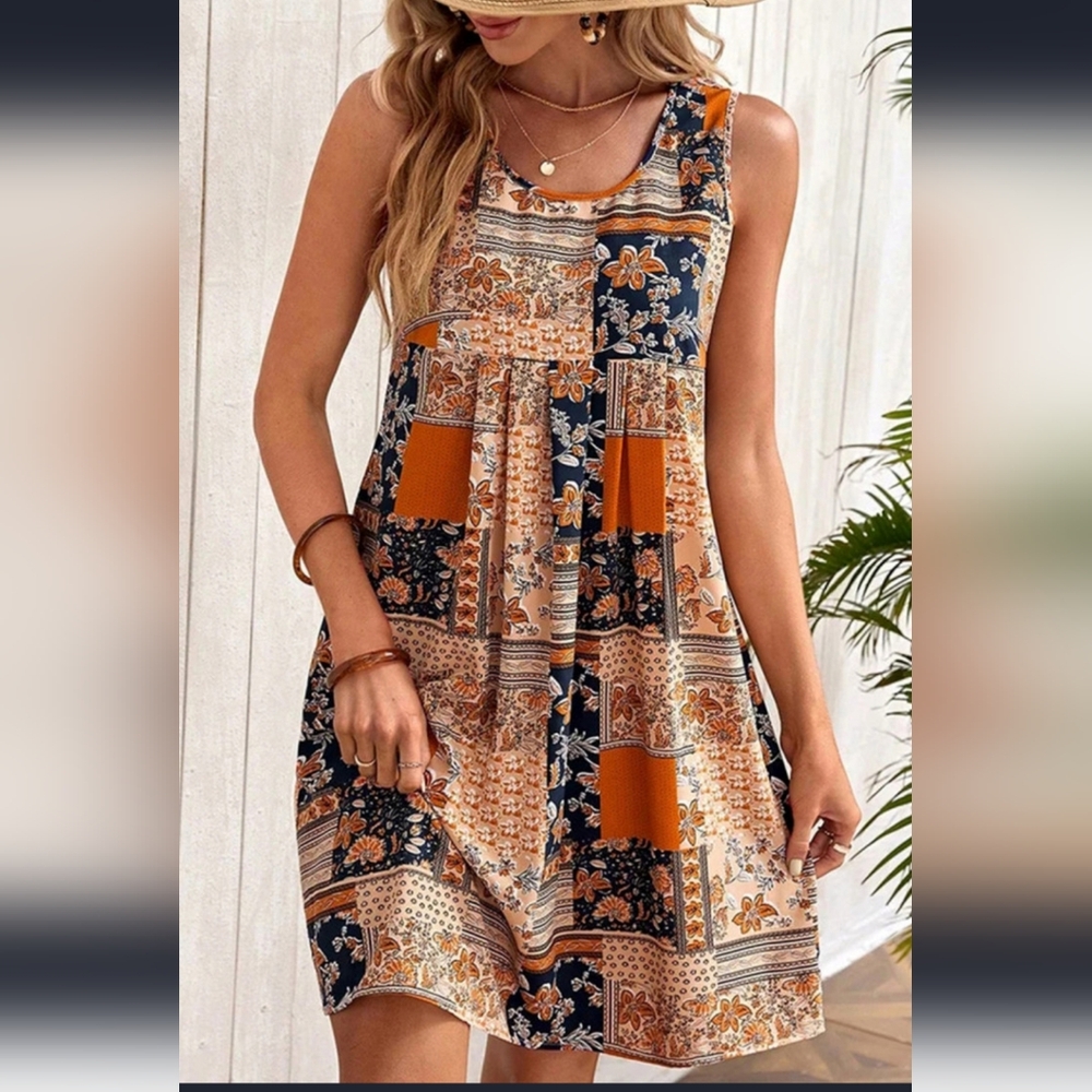 Floral Patchwork Mini Dress - Orange